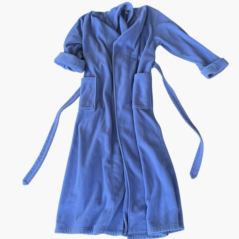 Vintage LL Bean Robe Womens Medium Blue Fleece Belted Kimono Lounge USA